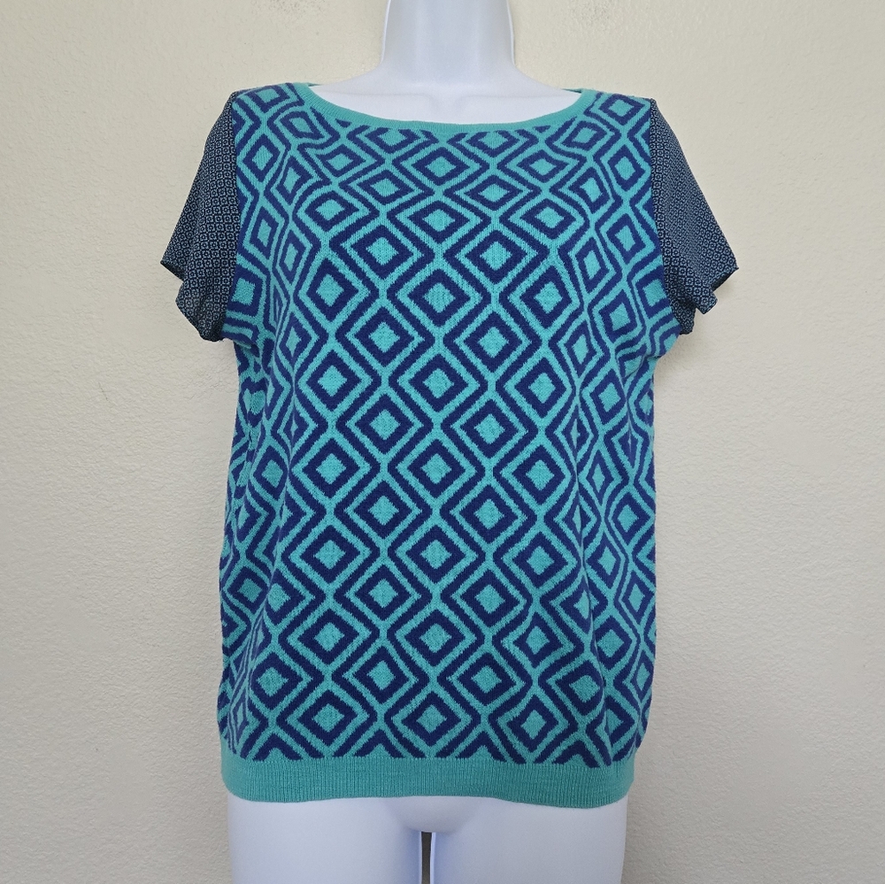 LOFT Abstract Geometric Teal Short Sleeve Knit Sweater
